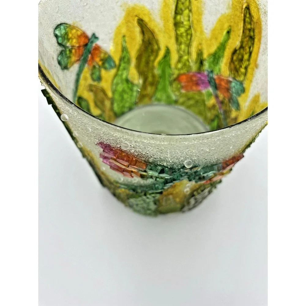 Vtg Pier‎ One Mosaic Glass Dragonfly Pillar Candle Holder 6x5